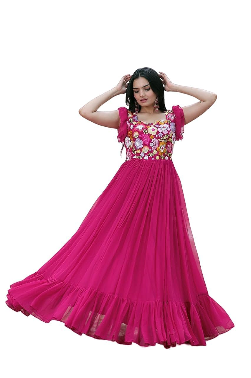 Womens Faux Georgette Sequence Embroidered Ankle Length Anarkali Gown