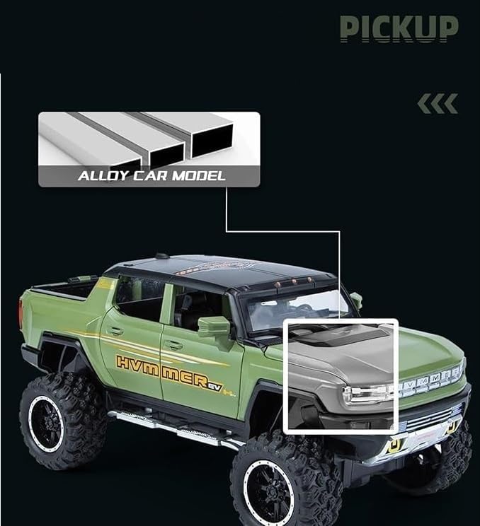 Image of Scale 1:24 Scale Hvmmar Pickup Convertible Alloy Diecast Pullback Metal Car Toy with Sound Light & Opening Doors - Best Gift Toy for Kids (1:24 Hvmmer Pickup Convertible - Green)