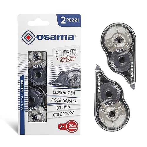 Osama - Cinta Correctora Blanca, Pack 2 Piezas, 20 M - Set Cintas Correctoras Ideal para Material Escolar y Papeleria Oficina, Útil para Borrar y Escribir de Inmediato con Alta Cobertura, Negro