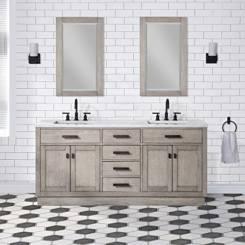 Water Creation | 72" Double Sink Vanity in Grey Oak | Rustic Freestanding Hardwood Bathroom Vanity with Sinks and Cabinet, Carrara Marble Counter Top, and Bronze Finish Handles | Chestnut Collection