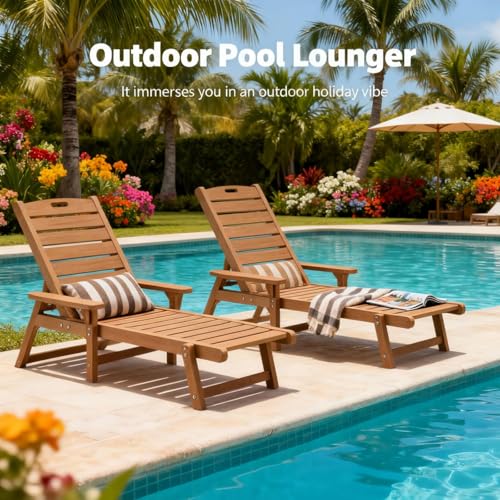 Image of Psilvam Chaise Lounges Set of 2, Lounge Chairs with Adjustable Backrest, Supports Up to 350 lbs, All Weather Recliner Poly Lumber Lounges Bed for Poolside, Patio, Porch(Light Brown)