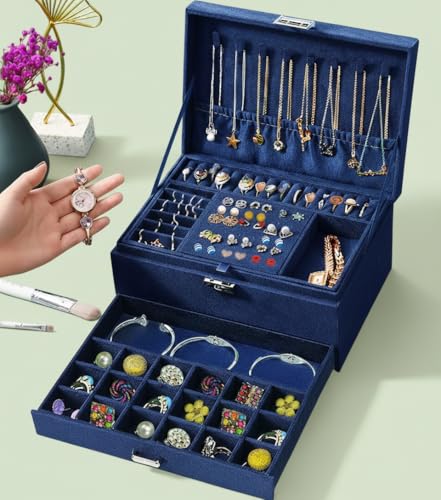 Image of KRISHYAM 3-Layer Velvet Jewelry Storage Box with Lock - Multi-Compartment Organizer Case for Rings, Earrings, Bracelets, Necklaces & Watches (Blue)
