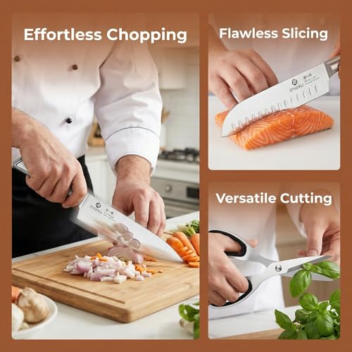 Image of imarku High Carbon Stainless Steel Gyutou Knife Set with Block, Precision-Forged Razor Sharp 10-15 Edge, Ergonomic Non-Slip Handle, Built-in Sharpener, Brown, Best Gift Choice, Cooking Enthusiasts