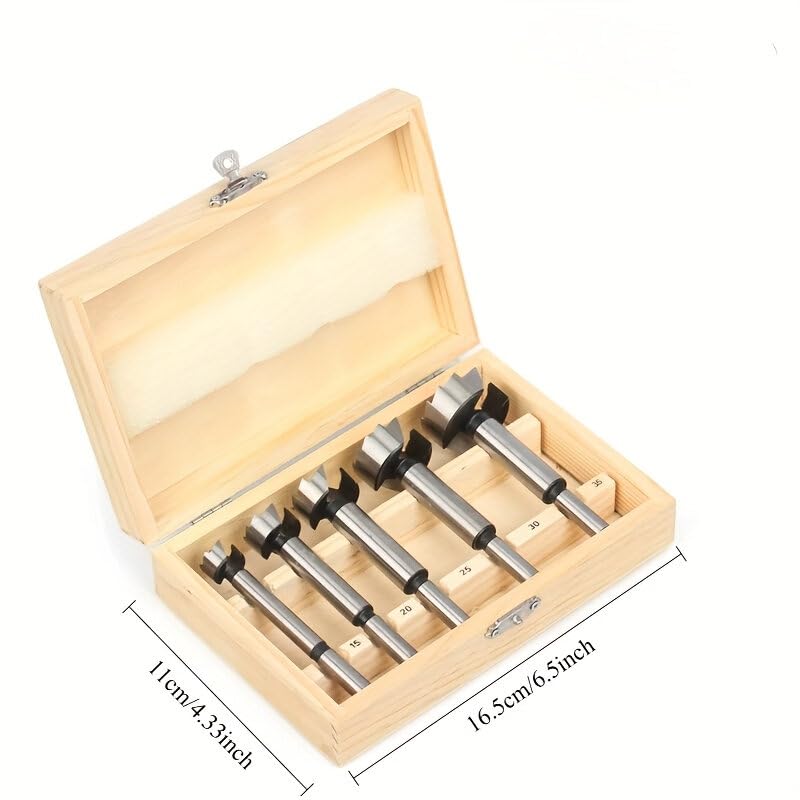 Forstner Drill Bit Set High Carbon Steel Tools 5pcs 15mm 20mm 25mm 30mm 35mm Self Centering Hole Saw for Wood Plastic Plywood Round Shank Precision Cutting (Type:#A)