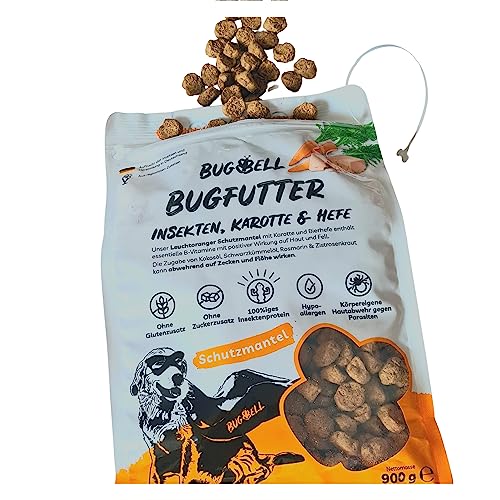 BugBell 900g Premium Trockenfutter Insekt, Schwarzkümmelöl, Kokosöl, Zistrosenkraut & Rosmarinpulver schützen natürlich vor Zecken & Flöhen, Karotte & Hefe wirken positiv auf Haut & Fell