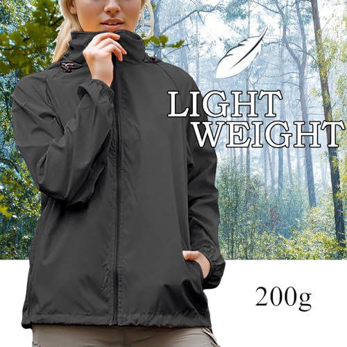 Womens Waterproof Rain Jacket Lightweight Hooded Rain Coats Zipper Long Sleeve Adjustable Windbreaker with Pockets2