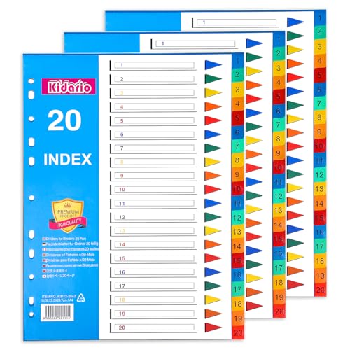 File Dividers A4 3 Pack 20 Part Folder Dividers 1-20 Coloured