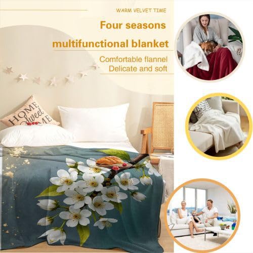 Mantas para Sofas Grandes 220x240 Flor de Peral Blanca, Manta Termica Franela Mantilla Felpa para Cama 135/150, Mantitas Polar Suave y Cálida para Perro Mascota Habitacion Dormitorio