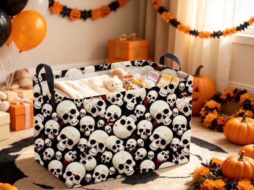 Image of Sanjiaofeng Rectangular Gothic Skull Halloween Storage Basket,Empty Halloween Basket.Cute Baskets for Room Decor, Pumpkin Baskets with Handles.Books Bins,Gifts Box(Skull)