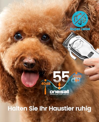 oneisall Leise Hundeschermaschine mit Metall-Führungskamm, Schermaschine Hund profi kabellos, Hochleistungs Tierhaarschneidemaschine für Dickes/Lockiges/Feines/Langes/Gewelltes Haar (Silber)