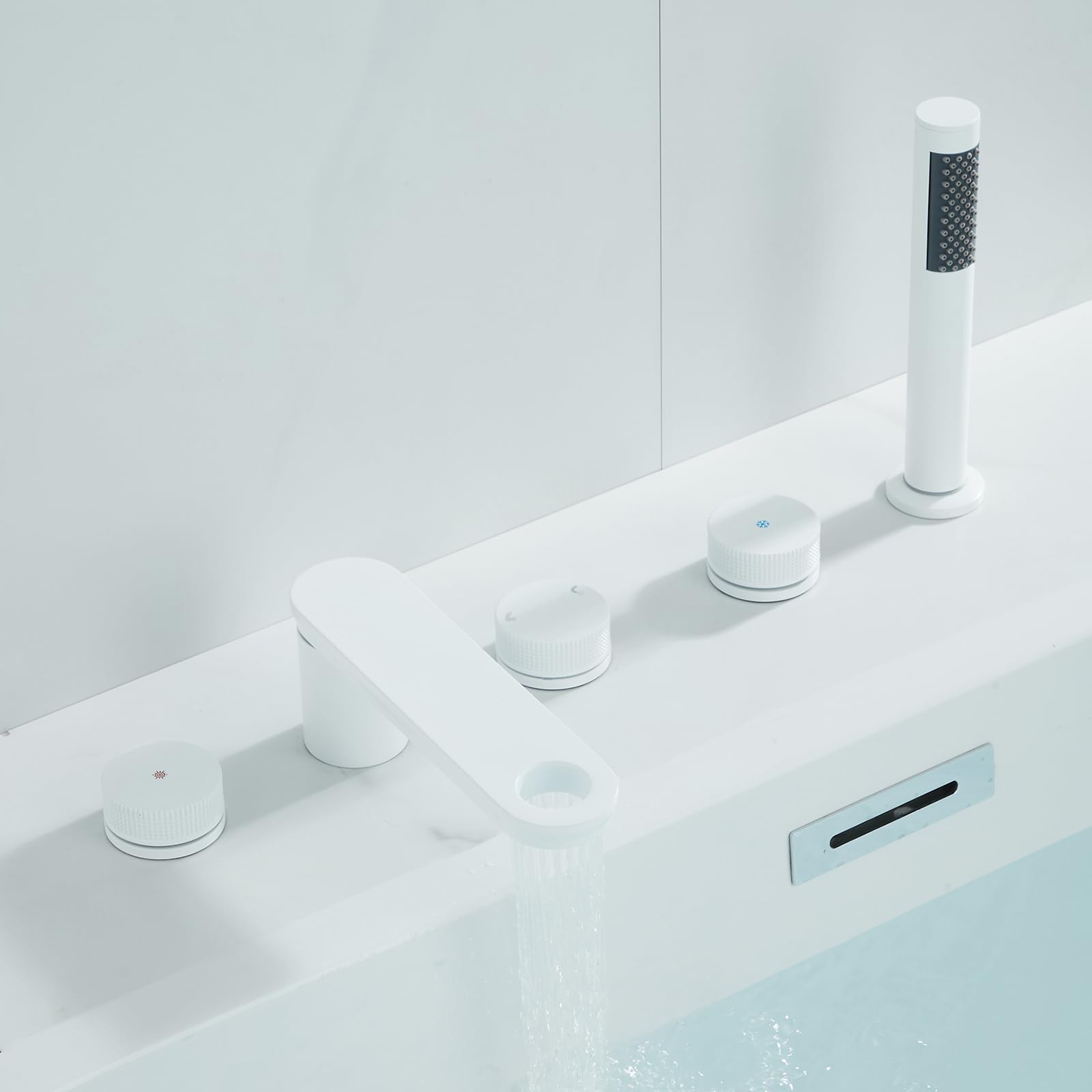 SnamicE Bathtub Hand Shower Tap Set Bathroom 5 Hole Tub Mixer Faucets Black Bath Waterfall Mixer Taps with Shower 360 Degree Swivel-A,White