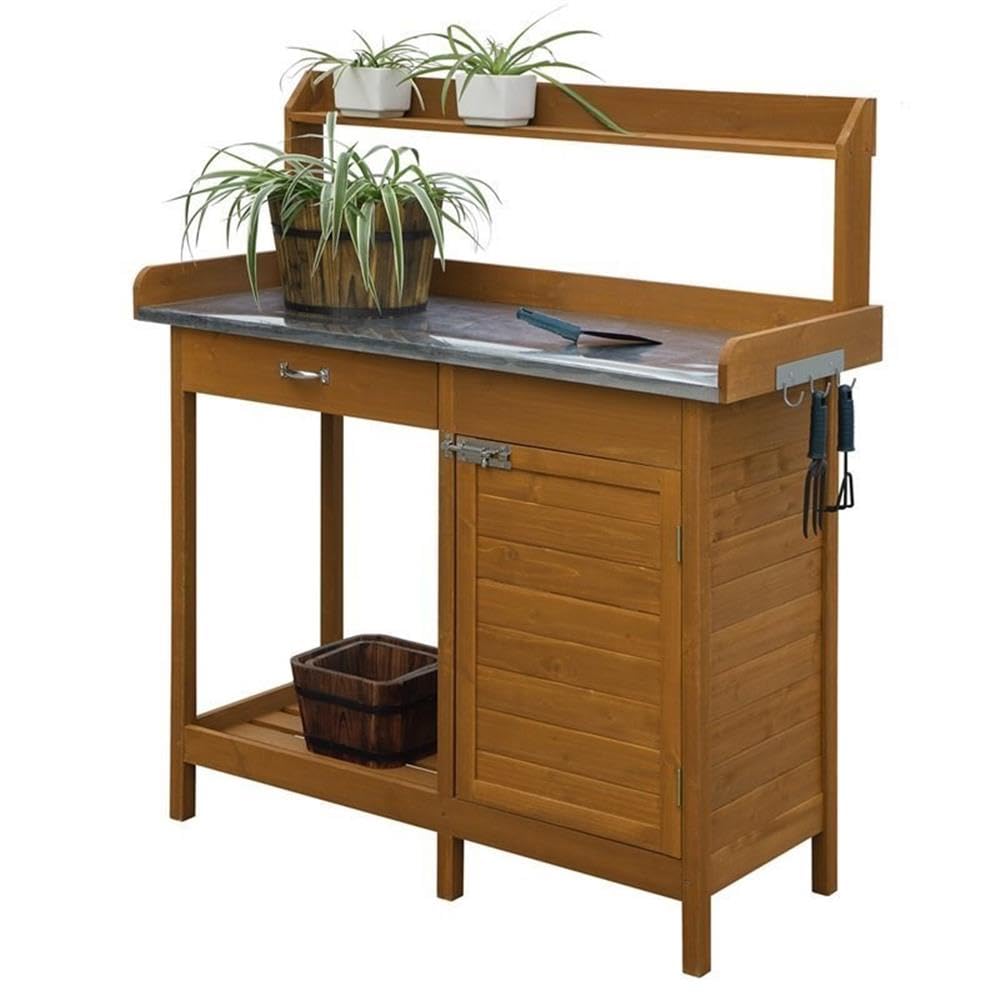 Deluxe Potting Bench with Cabinet in Off White Light Oak Wood Finish