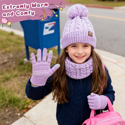 Image of ZOORON Kids Winter Hat Gloves Scarf Set, Girls Boys Hats Beanie with Pom | Children Knit Neck Warmer Mittens Fleece Lined Set Ages for 3-15, Kids Birthdays and Christmas Gifts