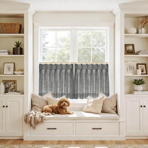 Image of TWOPAGES 26 inch inch W x 45 inch inch L Linen Blend Cafe Curtains for Kitchen Window, Light Filtering Pinch Pleated Tier Curtains, Modern Farmhouse Half Window Curtains for Small Window, Carbon Grey, 2 Panels