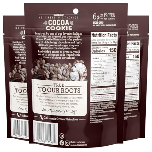 Image of Nichols Farms Pistachios - Fresh Roasted No Shell Pistachio - Nutrient Rich Nuts Snack Packs - Non-GMO, California Grown - Healthy, Wonderful Tasting, Party Snack - (Cocoa Cookie)
