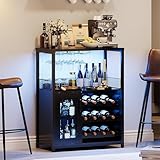 JOLLYTOP Weinbar Schrank 36' – Kompakter Bar Schrank Mit Verstellbaren Ablagen, Glashalter & Metallgittertür – Liquorschrank & Kaffeebar Möbel Für Küche & Esszimmer,Schwarze +Lampe