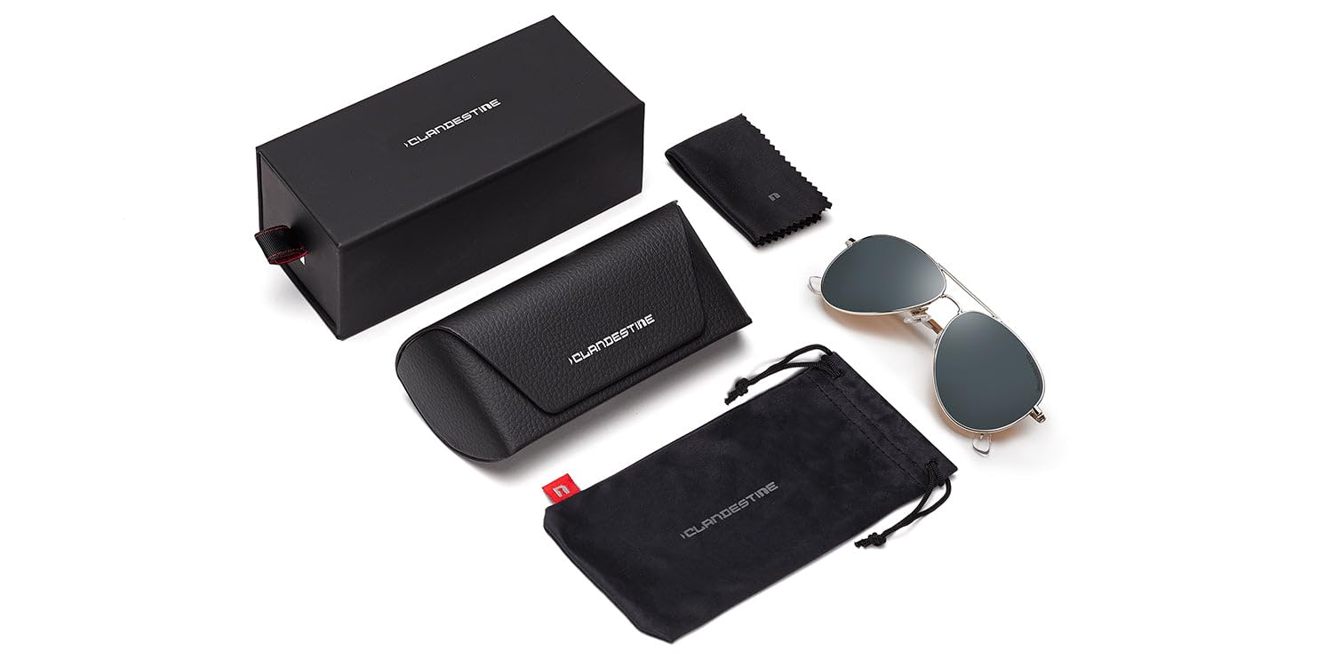 CLANDESTINE - Gafas de Sol Unisex - Colección Pilot - Modelo A10 - Montura de Acero Inoxidable Color Plata - Lentes Polarizado Antirreflejante de Color Plata - Protección UV 400-144x51mm