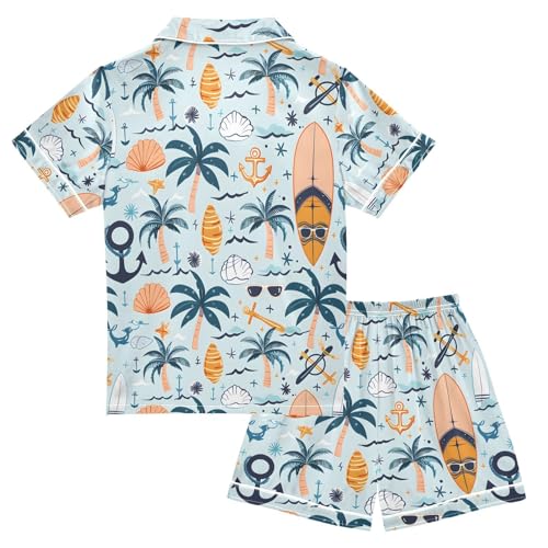 ALAZA Surfboard Palm Tree Anchor Seashell Pajamas Satin Pajama Set Short Sleeve Button Down Sleepwear2
