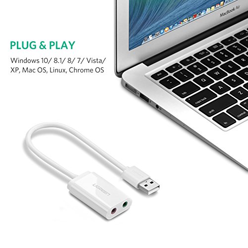 UGREEN External Sound Card 3.5mm to USB Audio Adapter Sound Card Mic USB Adapter usb to 3.5mm 2 in 1 Jack adapter Compatible with Windows, Mac OS, Linux,Android,PC, Laptop, Desktop, Switch,PS5 - White
