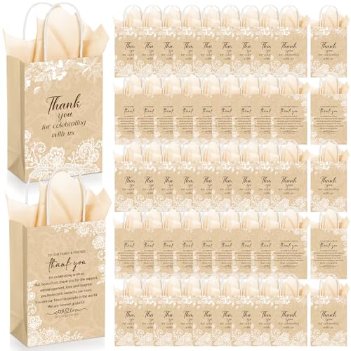 Fuutreo 100 Set Wedding Gift Bags with Tissue Paper Wedding Welcome Favor Paper Bags for Guests with Handles Thank You Bridal Shower Hotel 21 * 8 * 15cm(Vintage Lace)