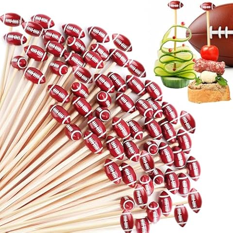 SEANSDA 100 Cocktail Picks, Decorative Football Toothpicks for Appetizers Super Bowl Party Supplies, 4.7 IN Long Bamboo Fruit Food Sandwich Skewers Charcuterie Sticks for Rugby Ball Themed Decoration Cover