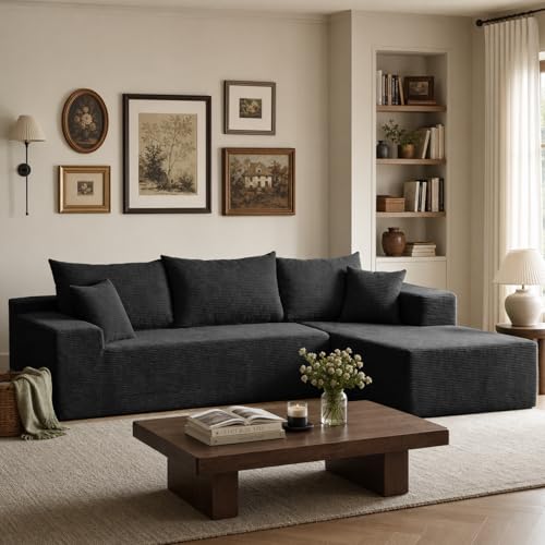 Image of Boneless Couch, 102.4 inch Sectional Couches for Living Room with L Shape Sofa | Cloud Couch Sectional with Chaise, Modular Cloud Sofa with Deep Seat, No Assembly, Black, Corduroy, Right Chaise