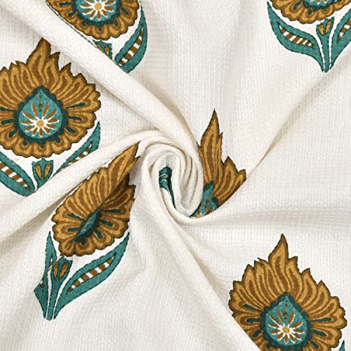 Image of Mafatlal Madhuban Cotton Waffle Bath Towels - Super Soft & Quick Dry | 147x76 cm | 250 GSM | Indian Floral Print, Premium Feel | Set of 2 | Gold N Blue