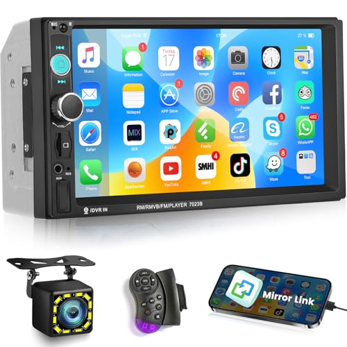 NHOPEEW Radio para Coche 2 DIN con Pantalla táctil HD de 7 Pulgadas: Bluetooth 5.0, Mirror Link para Android/iOS, Radio FM, USB/TF/AUX, Control en el Volante + cámara de Marcha atrás con 12 LED