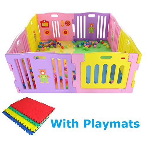 MCC® box bambini recinto bimbo in plastica con 8 pannelli, barriera protettiva con cancelletto  tappetini modaiolo (colore rosa)