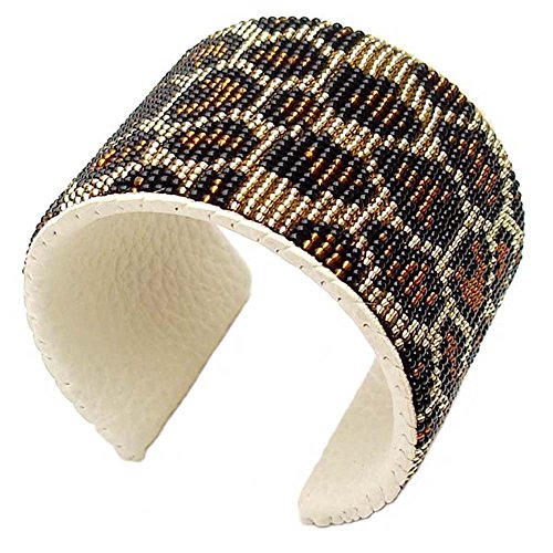 Handmade Beaded Indian Jewelry Cuff Bracelet, Native American Style Black Golden Seed Beaded Leather Bracelet Unisex Cowboy Western Bracelet. B40/13