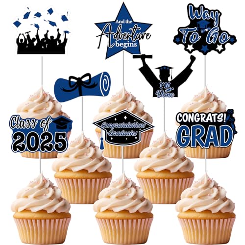 2025 Graduation Cupcake Toppers, 48 Pcs Class of 2025 Cupcake Toppers Congrats Grad Cupcake Picks for Dessert Food Pizza for Graduation Party Decorations (Blue Black)