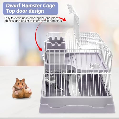 PINVNBY 2-Tier Dwarf Hamster Cage, Hamsters Travel Cage Portable Mouse Cages with Running Exercise Wheels, Water Bottle and Food Dish for Hamster Mouse Rat 11.7 * 8.7 * 9.38 in (Gray) - Image 5