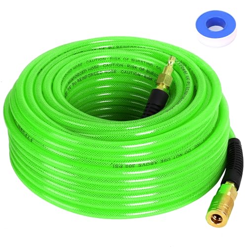FYPower Air Compressor Hose 1/4 Inch x 100 Feet Reinforced Polyurethane (PU) Air Hose with Fittings Bend Restrictors 1/4 Industrial Quick Coupler and Plug Kit Green