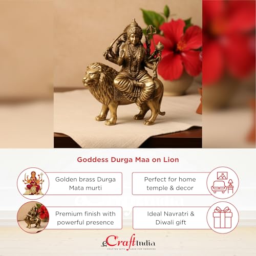 Image of eCraftIndia Golden Brass Goddess Durga Maa Idol Sitting On Lion Statue | Durga MATA Murti for Pooja Mandir Home Temple