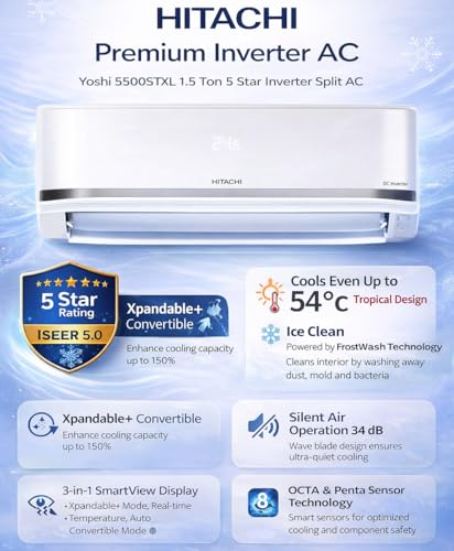 Image of Hitachi 1.5 Ton 5 Star, New Star rated, Inverter Split AC (Copper, Smart View Display, 4 Way Swing, ice Clean, Anti-bacterial Filter, Yoshi 5500STXL RAS.V518PCDIST, White)