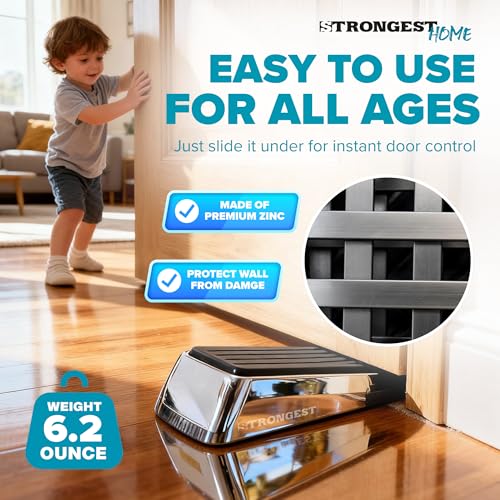 Image of STRONGEST HOME Door Stoppers for Bottom of Door - Heavy Duty Metal Rubber Stopper, Non-Slip Door Stop for Heavy Doors, Works on Wood, Tile & Carpet Floors, Wedge Chrome 2 PCs + 2 White Wall Protectors