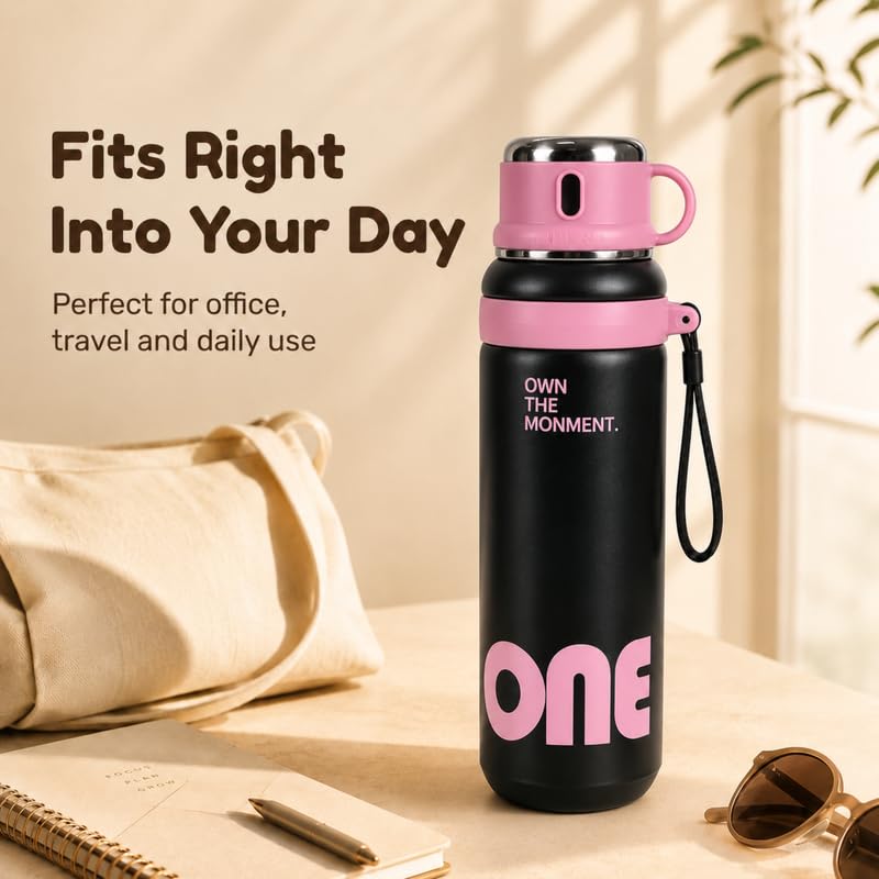 Image of Homero Premium Steel Bottle 1 Litre 1L, Stylish Water Bottle with Cup & Straw, Leak Proof Elegant Design for Women, Office, Gym, School, College & Travel Use - Blush Pink