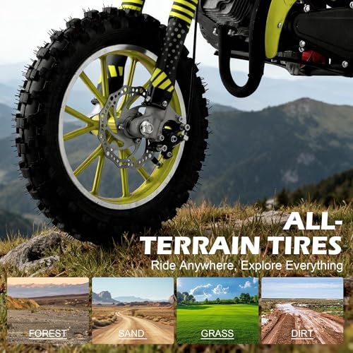 Image of 50cc Dirt Bike, 2 Stroke Gas Mini Bike for Kids 8-14 with Front Rear Disc Brakes, 10 Inch Off-Road Tires, Shock Absorption, Seat Height 23.6in, Max Speed 40mph, 2026 Upgraded,Yellow