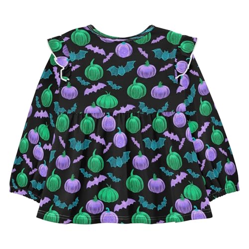 Fluorescent Pumpkin Bat Girls Shirts Cotton Long Sleeve Ruffle Toddler Tee Tops2