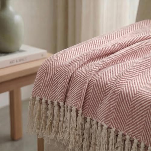 Image of SAJAVAT HOME Hand-Knitted Cotton Sofa Throw | Light Pink Tassel Design for 3 & 5 Seater Sofa & Bed | Soft Lightweight All-Season Throw Blanket (80x52 Inches)