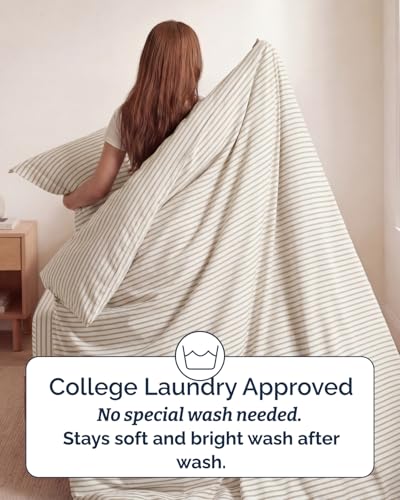 Image of Duvet Cover Twin /Twin XL Size Set - Extra Soft Twin /Twin XL Duvet Cover 68 inch x 90 inch with 1 Pillow Sham for Women, Men, Kids & Teens - Easy-Care & Fade Free with Zipper Closures & Ties (Beige Stripes)
