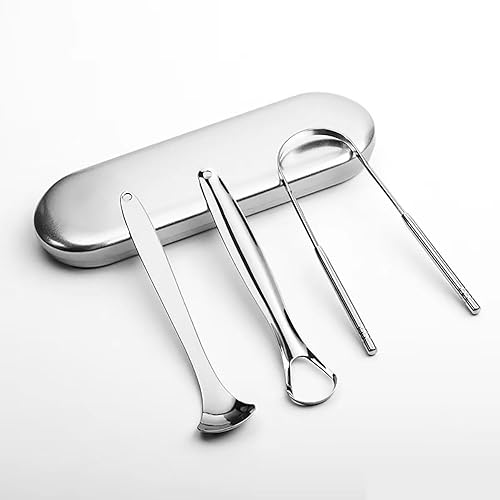 Raspador de lengua, limpiador de lengua de acero inoxidable con estuche de almacenamiento de metal, limpiador de lengua para aliento fresco e
