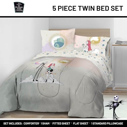 Image of Disney Nightmare Before Christmas Twin Comforter Set 5 Piece, Multi | Jack Skellington Sally, Bed in a Bag, Comforter Sheets Sham Pillowcase, Soft Microfiber, Machine Washable, Girls Gift