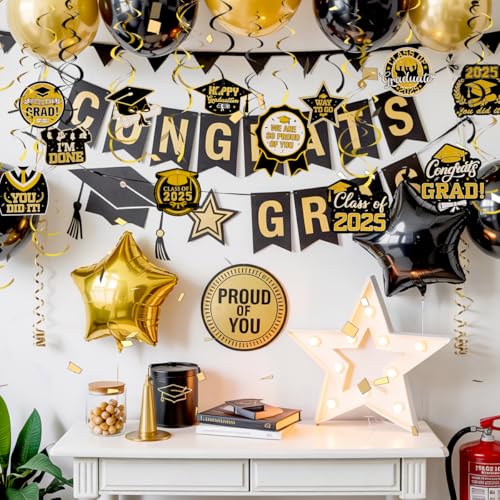 Image of Graduation Hanging Swirls, 30 PCS Graduation Decorations Class of 2025, Black and Gold Graduations Party Decoration Congrats Grad Hanging Swirls Ceiling Streamers for School Graduations Party Supplies