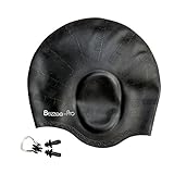 Black Swimming Cap for Men & Women - Strong Silicone Swim Cap with Ergonomic Ear Pockets - Anti-Tear Swim Hats - with Free Nose Clip and Ear Plugs  by Bezzee-Pro