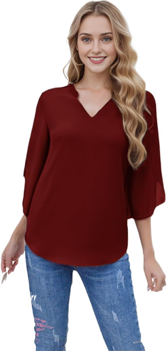 CASURESS Women's Tops Dressy Casual V Neck 3 4 Bell Sleeve Blouses Double Layered Chiffon Work Tunic Shirts - Image 5