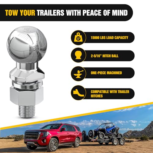 Image of Nilight 2-5 /16-Inch Diameter Chrome Trailer Hitch Ball, 15,000 lbs, 1-1 /4 x 2-5 /8-Inch Shank Universal Fit,Gray