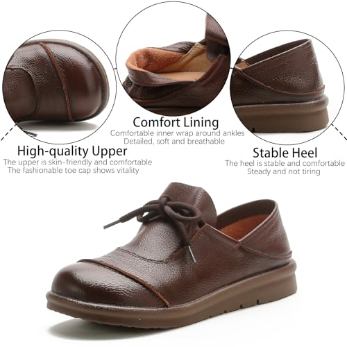 Women's Genuine Leather Flat Walking Shoes Retro Comfortable Round Toe Lace-up Soft Bottom Casual Leather Shoes for Daily Work Office3