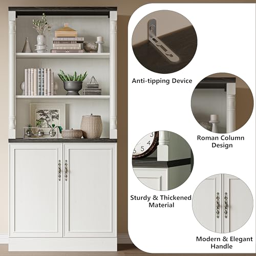 Image of 71'' Tall Bookshelf with Doors, Bookcase Storage Cabinet with 5-Tier & Adjustable Shelves, Wooden Deep Book Shelf for Living Room, Office, Antique White