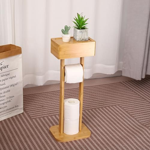 Free Standing Toilet Roll Holder,Bamboo Toilet Paper Roll Holder Stand with Storage Shelf Box